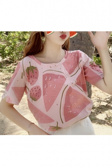 Summer Hot Stylish Watermelon Strawberry Printed Short Sleeve Loose T-Shirts