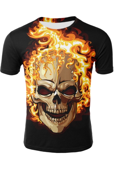 Summer Mens Cool Fire Skull 3D Printed Round Neck Short Sleeve Black Tee