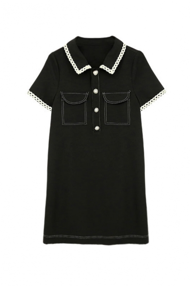Summer New Arrival Short Sleeve Stand Collar Button Front Neck Pocket Embellished Straight Mini Dress