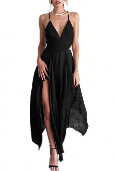 Summer Plain V-Neck Sleeveless Maxi Asymmetrical Slip Dress
