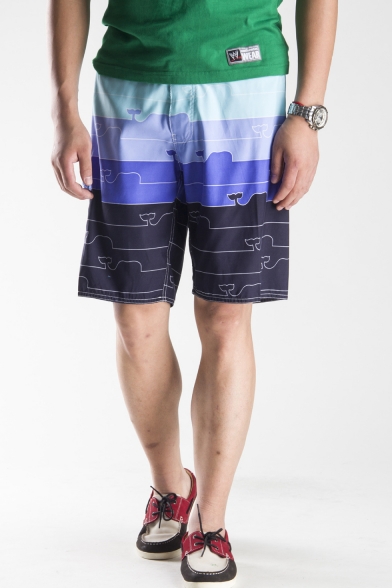 Summer Stylish Casual Quick Drying Colorblocked Pattern Drawstring Waist Beach Short Swim Trunks for Guys with Side Pocket