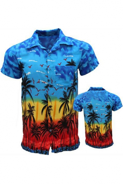 Summer Stylish Tropical Coconut Printed Mens Short Sleeve Beach Shirt