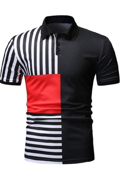 Summer Stylish Vertical Striped Printed Three-Button Turn-Down Collar Short Sleeve Slim Fit Polo Shirt