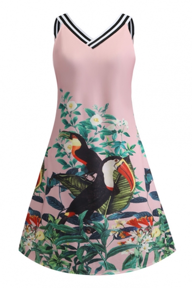 Summer Trendy Floral Bird Pattern V-Neck Sleeveless Mini Tank Dress for Women