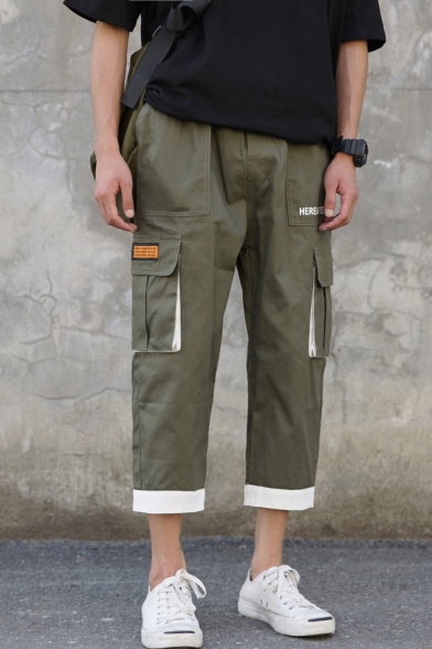 Summer Trendy Letter Printed Flap Pocket Side Contrast Hem Drawstring Waist Cropped Cargo Pants For Men