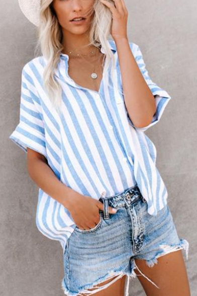 Summer Trendy Light Blue Vertical Wide Striped Short Sleeve Shirt Blouse