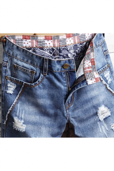 Summer Trendy Light Blue Washed Ripped Detail Fringed Trim Men's Denim Shorts