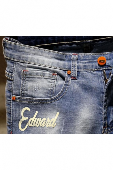 Summer Trendy Vintage Washed Ripped Detail Letter Printed Zip-fly Denim Shorts for Men