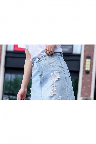 Summer Women's High Rise Distressed Ripped Fringed Asymmetric Hem Mini Blue Denim Skirt