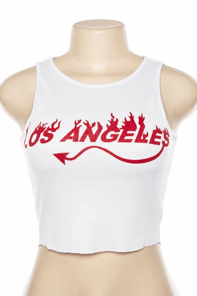 Summer Womens Cool Fire Letter LOS ANGELES Printed Round Neck Sleeveless White Slim Crop Tank Top