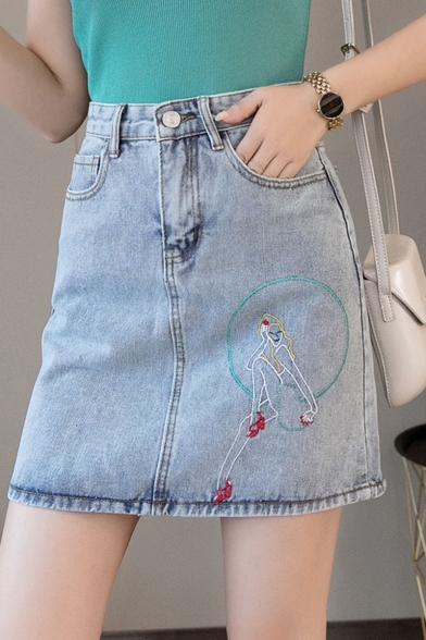 Sweet Girls Hot Fashion Cartoon Embroidery Pocket Back A-Line Mini Denim Skirt