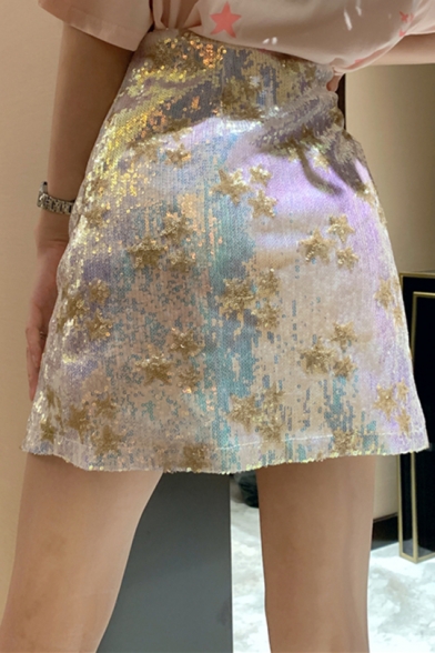 Sweet Womens Fashion Star Sequin Print Slit Side High Waist Mini A-Line Skirt