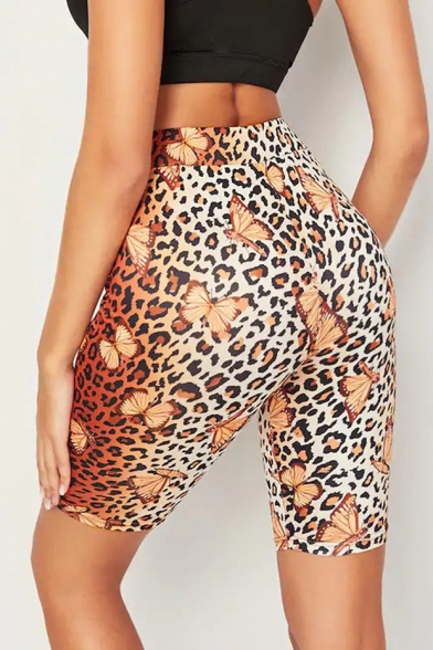 Trendy Butterfly Leopard Printed Khaki Slim Fit Yoga Cycling Shorts