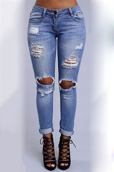 Trendy Destroyed Ripped Knee Cut Rolled Cuff Womens Blue Skinny Fit Jeans