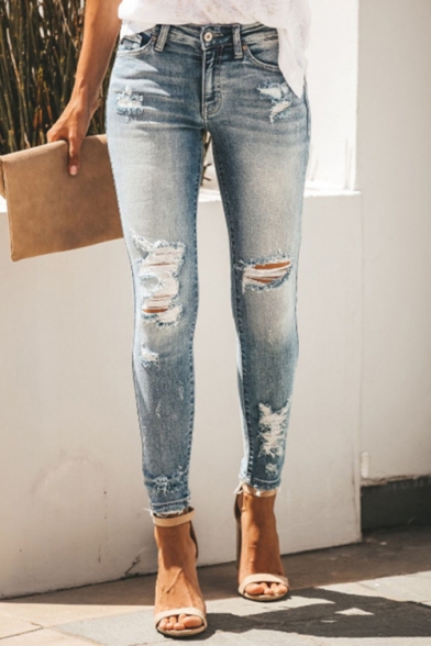 Trendy Mid Rise Distressed Ripped Skinny Fitted Denim Jeans for Women