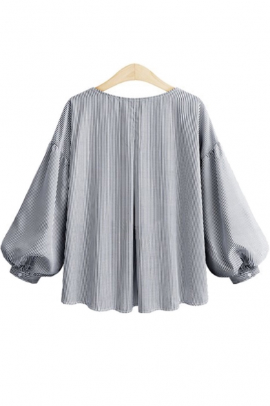 Trendy Pinstriped Printed Round Neck Long Sleeve Bow-Tied Hem Casual Loose Blouse