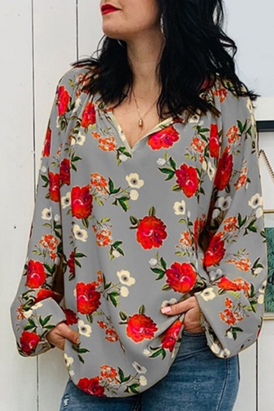 Trendy Womens Floral Print V Neck long Sleeve Chic Loose Leisure Blouse