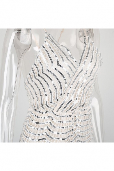 Trendy Womens White Sleeveless Sequin Embellished Crisscross Back Sexy Rompers for Nightclub