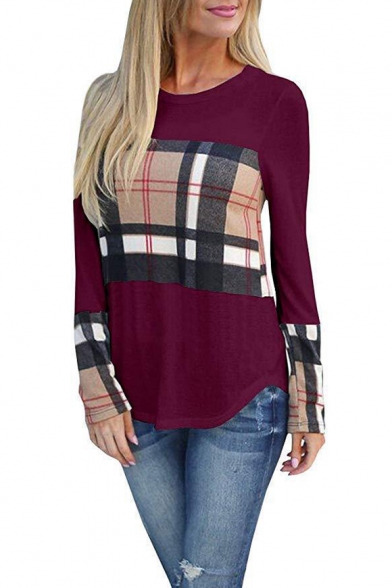 Unique Fashion Plaid Check Patched Round Neck Long Sleeve Casual Loose T-Shirt
