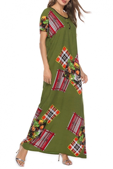 Vintage Ethnic Style Patched Round Neck Short Sleeve Green Maxi Beach Dress