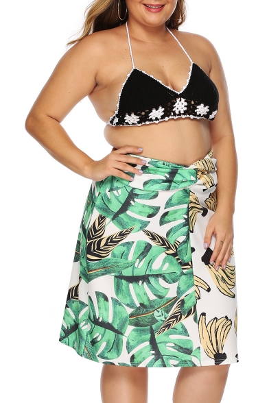 Women Plus Size Fashion Two-Tone Green and White Leaf Banana Print Midi A-Line Skirt
