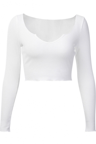 Women's Fashion Basic Solid Color V-Neck Long Sleeve White Slim Fit Cropped T-Shirt
