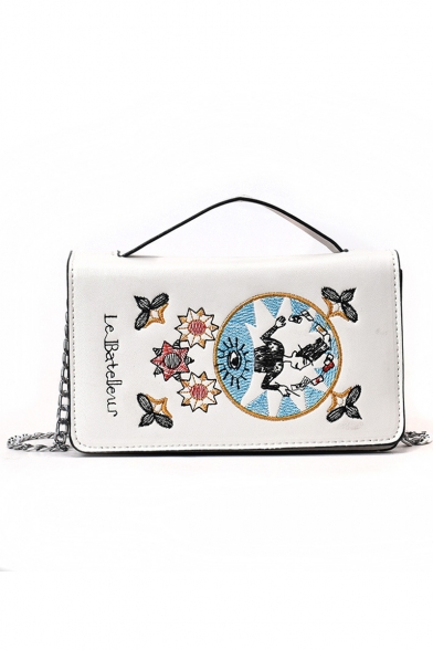 Women's Fashion Figure Letter Floral Embroidery Pattern Portable Crossbody Bag with Chain Strap 19*11*7 CM