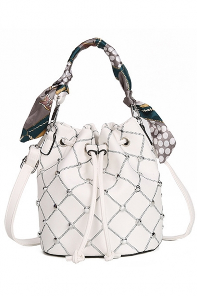 Women's Fashion Solid Color Diamond Check Quilted Rhinestone Embellishment Silk Scarf Handle Bucket Bag 18*15*21 CM