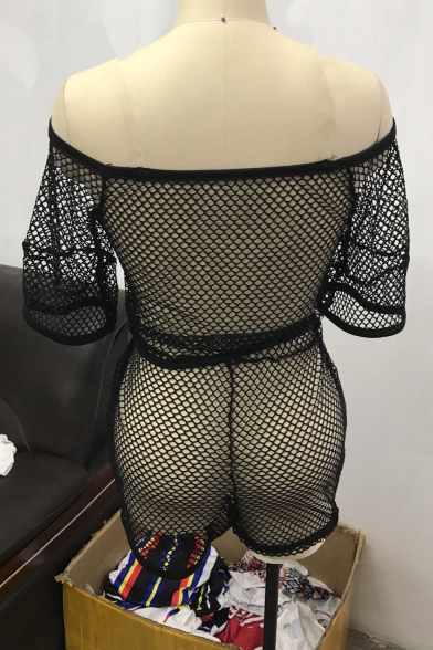 Women Sexy Fashion Simple Plain Fishnet Hollow Out Mesh Off Shoulder Short Sleeve Drawstring-Waist Nightclub Romper