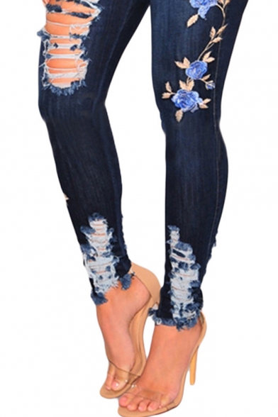 Womens Chic Floral Embroidery High Waist Destroyed Ripped Raw Hem Dark Blue Skinny Jeans
