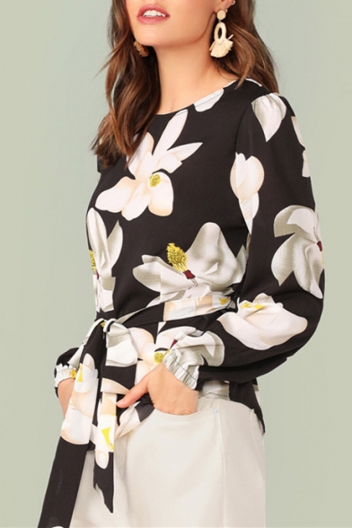 Womens Fancy Black Floral Pattern Round Neck Long Sleeve Tied Waist Blouse