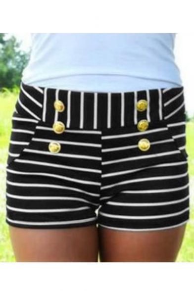 

Womens Fancy Button Embellished Black Striped High Rise Skinny Shorts, LM548540