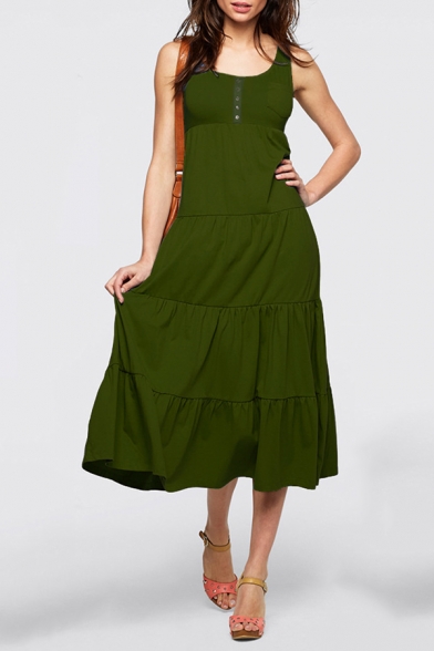 Womens Fashion Plain Scoop Neck Sleeveless Maxi Swing Tank Dress