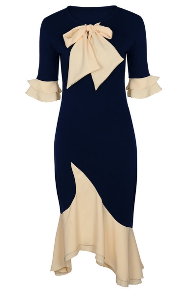 Womens Hot Fashion Navy Bow-Tie Round Neck Ruffle Trim Sleeves Maxi Dress for Party