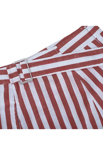 Womens Hot Fashion Red Stripped High Waist Split Side Midi Summer Skirt