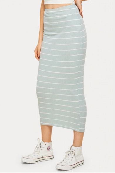 Womens Hot Fashion Striped Print High Waist Fitted Midi Skirt for Womens