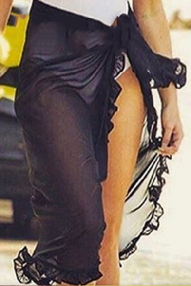 Womens Hot Popular Simple Plain Tied Waist Split Front Ruffled Midi Beach Skirt