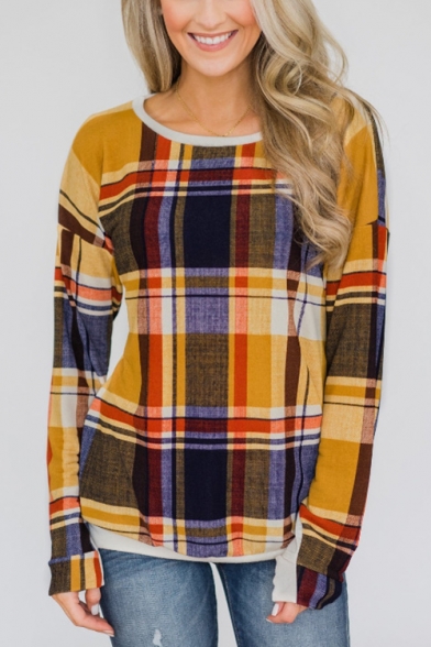 Womens Hot Popular Yellow Plaid Printed Basic Round Neck Long Sleeve Loose Fit T-Shirt
