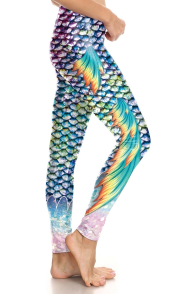 Womens Hot Trendy Elastic Waist Fish Scale Printed Skinny Legging Pants