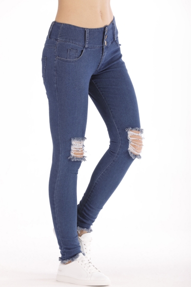 Womens New Trendy Destroyed Ripped Raw Hem Skinny Fit Jeans