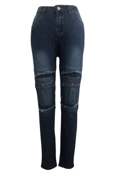Womens New Trendy High Rise Fake Pocket Embellished Stretch Fit Skinny Blue Jeans