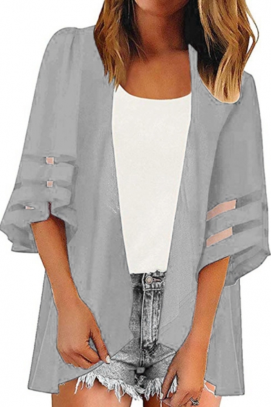 Womens New Trendy Simple Plain Mesh-Panel Sleeve Sun Protection Beach Kimono Blouse