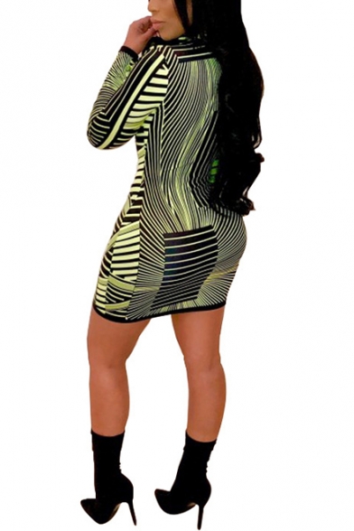 Womens Sexy Night Club Plunging Neck Long Sleeve Green Striped Mini Tight Dress