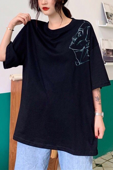 Womens Simple Portrait Sketch Print Round Neck Oversized Loose Tee