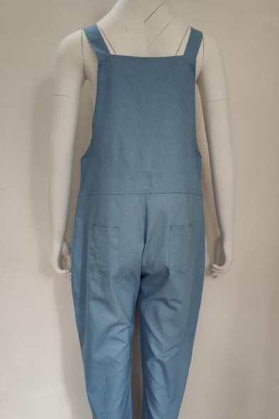 Womens Stylish Blue Straps Pocket Back Casual Loose Plain Overall Jumpsuits
