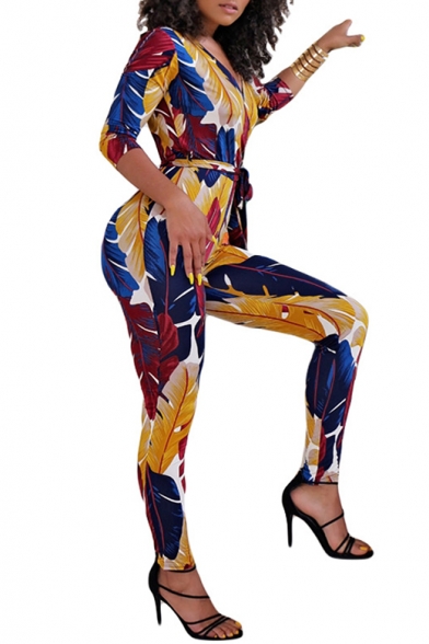 Womens Stylish Plunge V Neck 3/4 length Sleeves Self-Tie Leaf Print Slim Fitted Jumpsuits