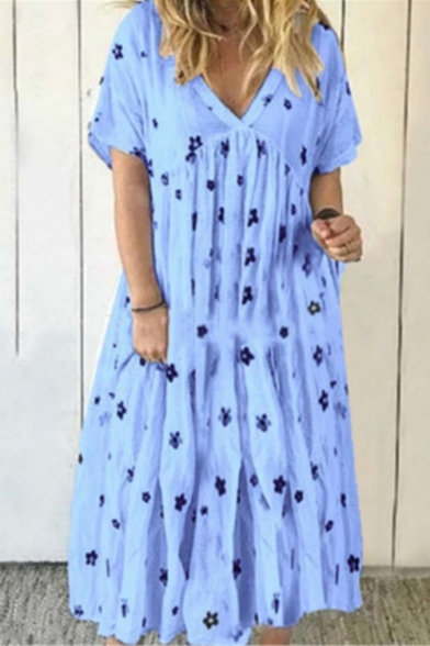 Womens Summer Fashion Floral Printed V-Neck Short Sleeve Casual Midi Pleated Swing Dress