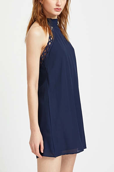 Womens Summer Fashion Halter Neck Sleeveless Plain Blue Mini Swing Dress