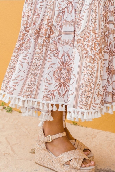 Womens Summer Holiday Pink Pattern Tassel Hem Maxi Beach Bohemian Skirt