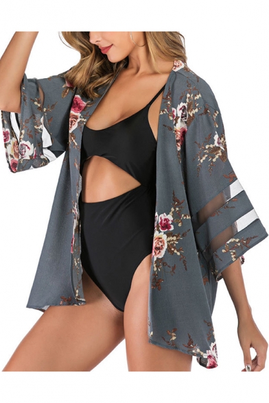 Womens Summer Popular Floral Pattern Mesh-Panel Sleeve Beach Kimono Blouse